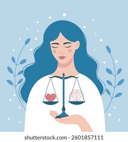 International Women's Health Day. Mental health. Woman with scales in her hands, heart and brain symbolize balance, reflects awareness, care for your health. Vector illustration for health projects
