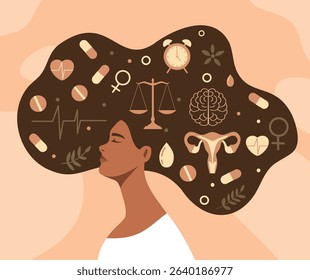 International Women's Health Day. Women's mental health. Woman with long hair and elements of medicine, uterus, brain, scales, heart. Mindfulness, care. Vector illustration for health projects