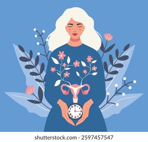 International Women's Health Day. Vector illustration of uterus on background of woman with clock, sky, flowers, symbol of care and health. Menopause, menstrual cycle, ovulation, gynecology