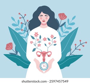 International Women's Health Day. Vector illustration of uterus on background of woman with clock and flowers, symbol of care and health. Menopause, menstrual cycle, ovulation, gynecology