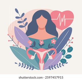 International Women's Health Day. Vector illustration of woman and female uterus with flowers and leaves as a symbol of health and care. Women's health concept, menstrual cycle, ovulation, gynecology