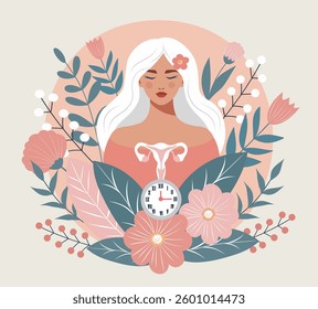 International Women's Health Day. Vector illustration of uterus on background of woman with clock and flowers, symbol of care and health. Medicine, menopause, menstrual cycle, ovulation, gynecology