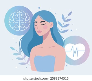  International Women's Mental Health Day. Vector gentle illustration woman girl above head brain on cloud, symbol of harmony and calm. Suitable for projects in psychotherapy or psychology