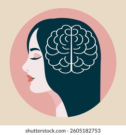 International Women's Mental Health Day. Vector icon illustration of a woman's brain in harmony and peace in her head and heart. Postpartum depression. Suitable for health and psychology projects