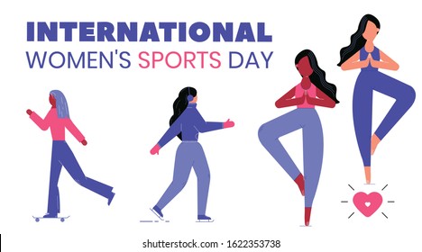 International Women's Sports Day. Woman doing yoga. Ice skating woman. Woman on a skateboard. Sport women girl. Health life