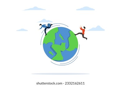 international work abroad concept, global business competitors, agile world change innovation, businessmen compete by escape and catch each other in the world, planet earth. flat vector illustration.