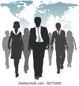 International Work Force Of Business People Walks Forward Under A World Map.