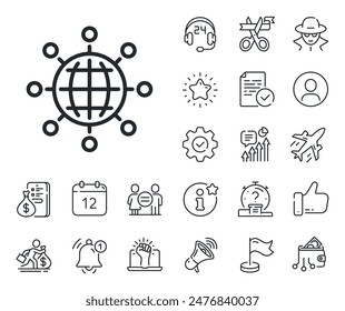 International work symbol. Salaryman, gender equality and alert bell outline icons. Business networking line icon. Global communication sign. International globe line sign. Vector