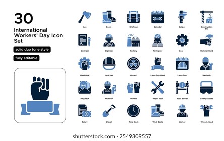 International Worker Day Solid Duo Tone Icon Set: Global Labor Solidarity, Workers' Achievements, and Social Justice Icons