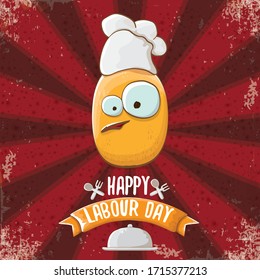 International workers day or 1 may labour day greeting card with funny cartoon tiny brown smiling chef potato with chef hat isolated on red background with rays. May day poster design template