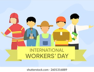 International Workers Day banner design with a group of people having different jobs. Firefighter, farmer or gardener, delivery boy and teacher. 