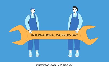 International workers day banner template. Character construction with repair equipment. Labour day cards. 1 May holiday. Men holding wrench. Vector line art flat illustration.