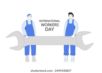International workers day banner template. Mechanics team with repair equipment. Labour day cards. 1 May holiday. Men holding big wrench. Vector flat line art illustration.