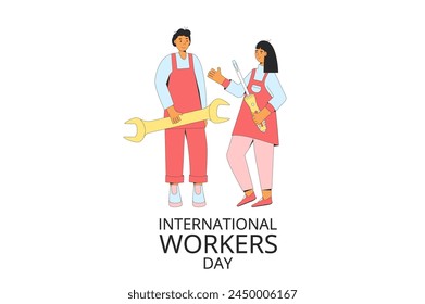 International workers day banner template. Two characters construction with repair equipment. isolated on white background. Man and woman with screwdriver and wrench. Vector flat illustration.