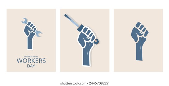 International workers day banner templates set. Labour day cards. Vector posters flat illustration.