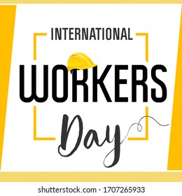 International Worker's Day card. Happy Labor Day banner. Text in yellow helmet design template for 1 may. Vector illustration