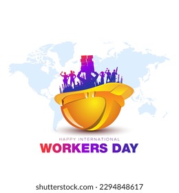 International Workers Day celebration background. Safety concept Greeting card design. A group of Labour with Safety helmet City skyline, construction site and world map background.