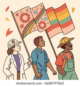 International Workers Day: A colorful illustration depicts a harmonious group of individuals marching forward, each carrying a flag emblazoned with symbols of progress, unity, and community.