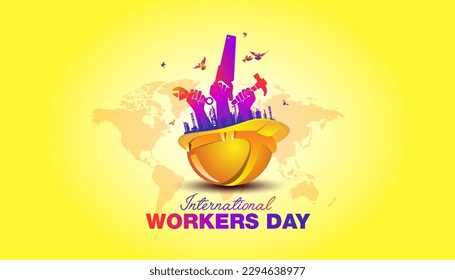 International Workers Day creative Concept. Happy International Workers Day Typography. A group of Happy Labour Safety Helmet and world map background.