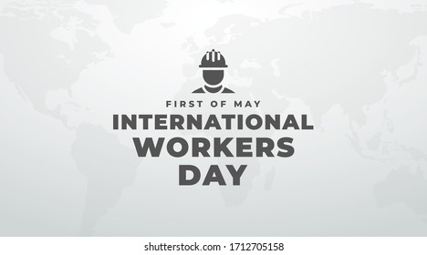 Día internacional de los trabajadores, primero de muchos pancarta gris moderno, tarjeta, signo con texto negro e icono de trabajador y un mapa mundial en el fondo. 