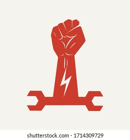 International workers day first of may modern minimalist banner, sign, card, concept, design with white text and blue background.