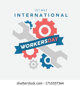 International workers day first of may modern minimalist banner, sign, card, concept, design with white text and blue background. gear and workshop key. flat illustration.