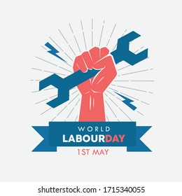 International workers day first of may modern minimalist banner, sign, card, concept, design with white text and blue background. hand vector and workshop key. flat illustration.