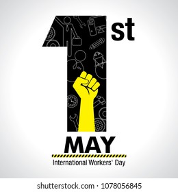 International Worker's Day greeting card. Icons of woman, man, hammer, gears, fist, computer, pencil, clock inside number one in black color on white background