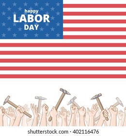  International Workers Day. Hands holding hammers. Vector card with seamless border 