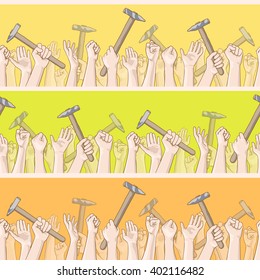  International Workers Day. Hands holding hammers seamless pattern. Vector card with seamless border