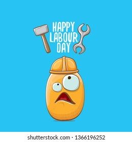 International workers day or labour day greeting card . vector funny cartoon tiny brown smiling worker potato with orange engineer helmet isolated on blue background. May day poster