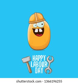 International workers day or labour day greeting card . vector funny cartoon tiny brown smiling worker potato with orange engineer helmet isolated on blue background. May day poster