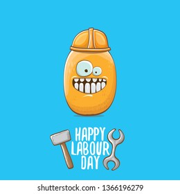 International workers day or labour day greeting card . vector funny cartoon tiny brown smiling worker potato with orange engineer helmet isolated on blue background. May day poster