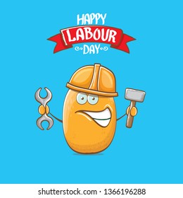 International workers day or labour day greeting card . vector funny cartoon brown smiling worker potato with engineer helmet holding hummer and wrench isolated on blue background. Mayday poster