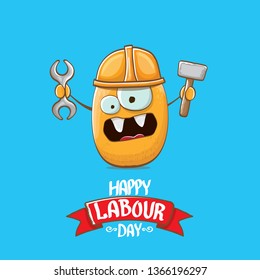 International workers day or labour day greeting card . vector funny cartoon brown smiling worker potato with engineer helmet holding hummer and wrench isolated on blue background. Mayday poster