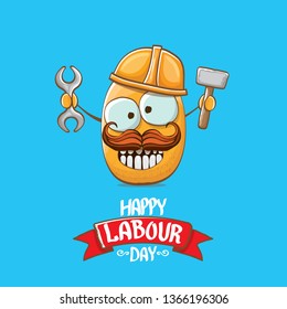 International workers day or labour day greeting card . vector funny cartoon brown smiling worker potato with engineer helmet holding hummer and wrench isolated on blue background. Mayday poster