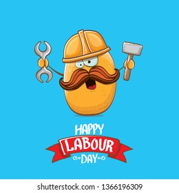 International workers day or labour day greeting card . vector funny cartoon brown smiling worker potato with engineer helmet holding hummer and wrench isolated on blue background. Mayday poster