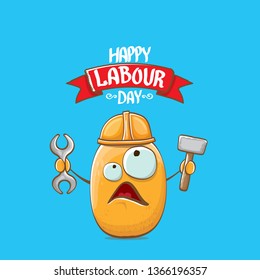 International workers day or labour day greeting card . vector funny cartoon brown smiling worker potato with engineer helmet holding hummer and wrench isolated on blue background. Mayday poster