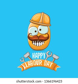 International workers day or labour day greeting card . vector funny cartoon tiny brown smiling worker potato with orange engineer helmet isolated on blue background. May day poster