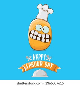 International workers day or labour day greeting card . vector funny cartoon tiny brown smiling chef potato with chef hat isolated on blue background. May day poster