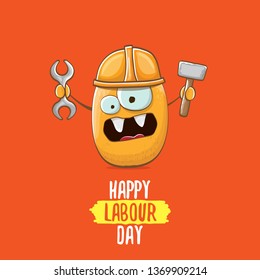 International workers day or labour day greeting card . vector funny cartoon brown smiling worker potato with engineer helmet holding hummer and wrench isolated on red background. Mayday poster