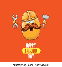 International workers day or labour day greeting card . vector funny cartoon brown smiling worker potato with engineer helmet holding hummer and wrench isolated on red background. Mayday poster