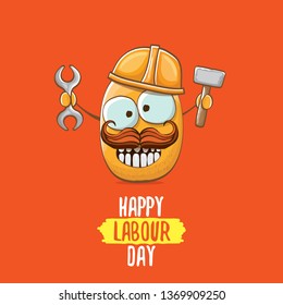 International workers day or labour day greeting card . vector funny cartoon brown smiling worker potato with engineer helmet holding hummer and wrench isolated on red background. Mayday poster