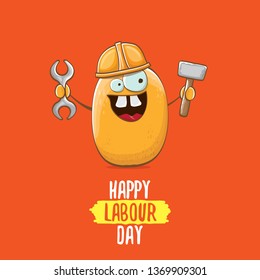 International workers day or labour day greeting card . vector funny cartoon brown smiling worker potato with engineer helmet holding hummer and wrench isolated on red background. Mayday poster