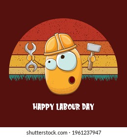 International workers day or labour day greeting card . vector funny cartoon brown smiling worker potato with engineer helmet holding hummer and wrench isolated on vintage background. Mayday poster