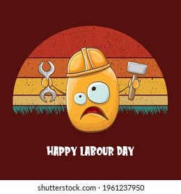 International workers day or labour day greeting card . vector funny cartoon brown smiling worker potato with engineer helmet holding hummer and wrench isolated on vintage background. Mayday poster