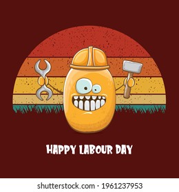 International workers day or labour day greeting card . vector funny cartoon brown smiling worker potato with engineer helmet holding hummer and wrench isolated on vintage background. Mayday poster