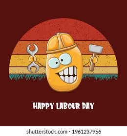 International workers day or labour day greeting card . vector funny cartoon brown smiling worker potato with engineer helmet holding hummer and wrench isolated on vintage background. Mayday poster