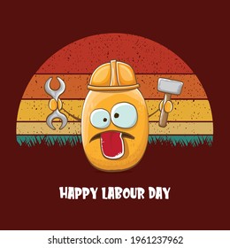 International workers day or labour day greeting card . vector funny cartoon brown smiling worker potato with engineer helmet holding hummer and wrench isolated on vintage background. Mayday poster