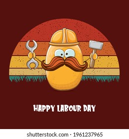 International workers day or labour day greeting card . vector funny cartoon brown smiling worker potato with engineer helmet holding hummer and wrench isolated on vintage background. Mayday poster